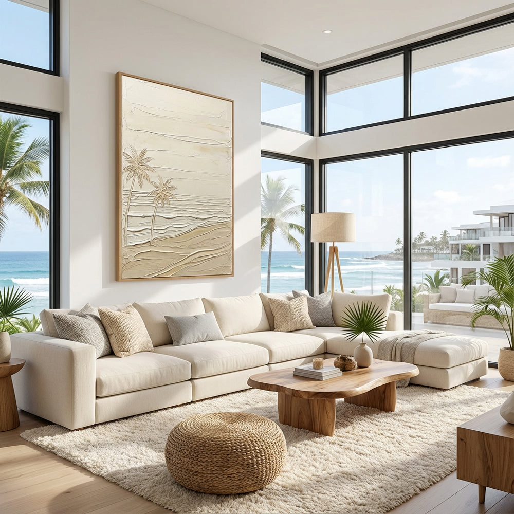 Silent Shoreline Palms | Modern Minimal Coastal Style Hand-Painted Oil Painting Wall Art