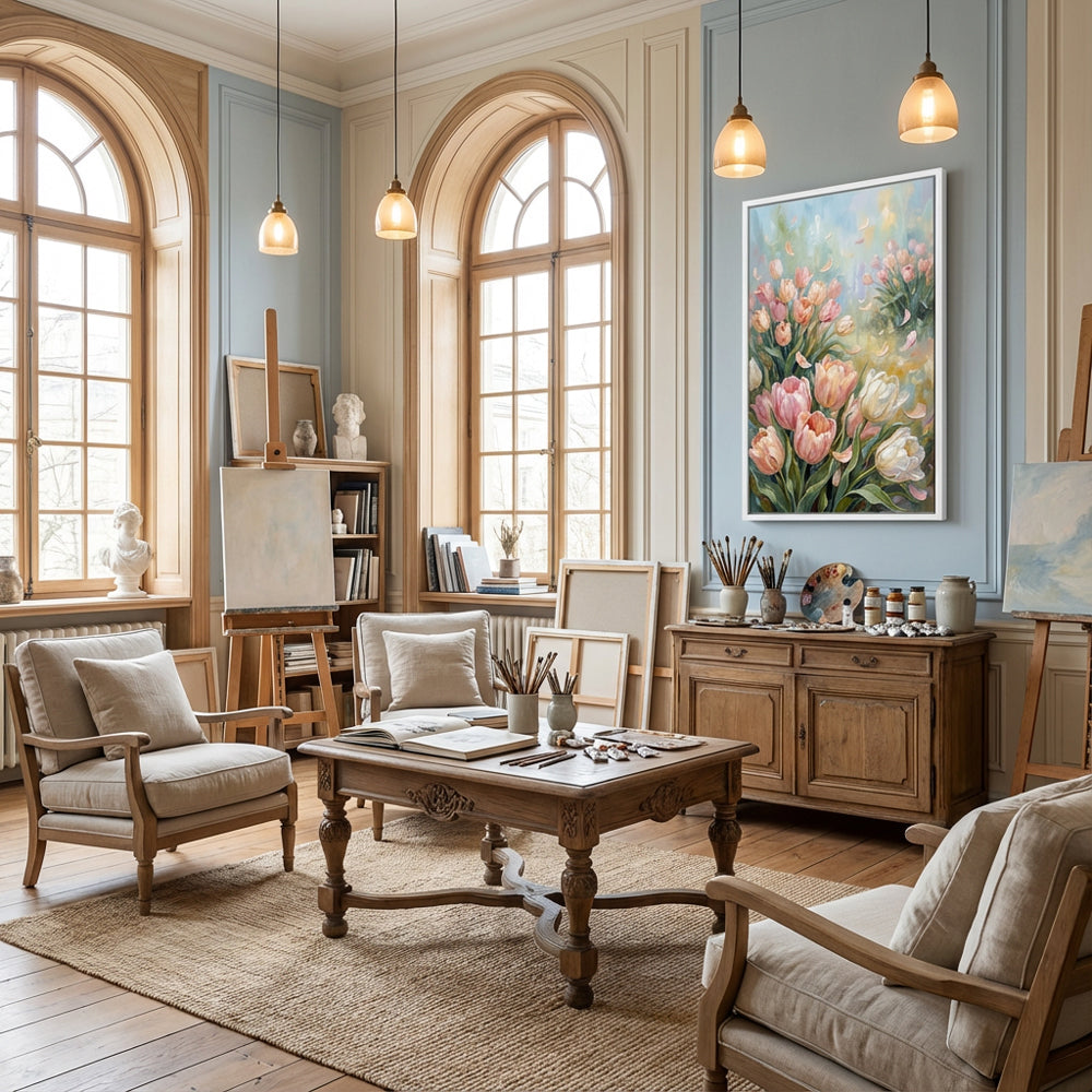 Dancing Petals in Morning Light – Impressionist Tulip Meadow Oil-Style Artwork original oil painting