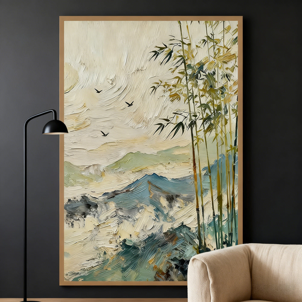 Bamboo Grove in Misty Mountains – Abstract Landscape Oil Painting