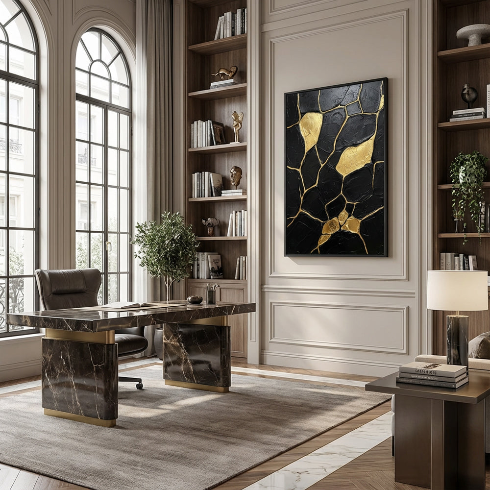 Veins of Gold Silence | Contemporary Abstract Black & Gold Hand-Painted Oil Painting Wall Art