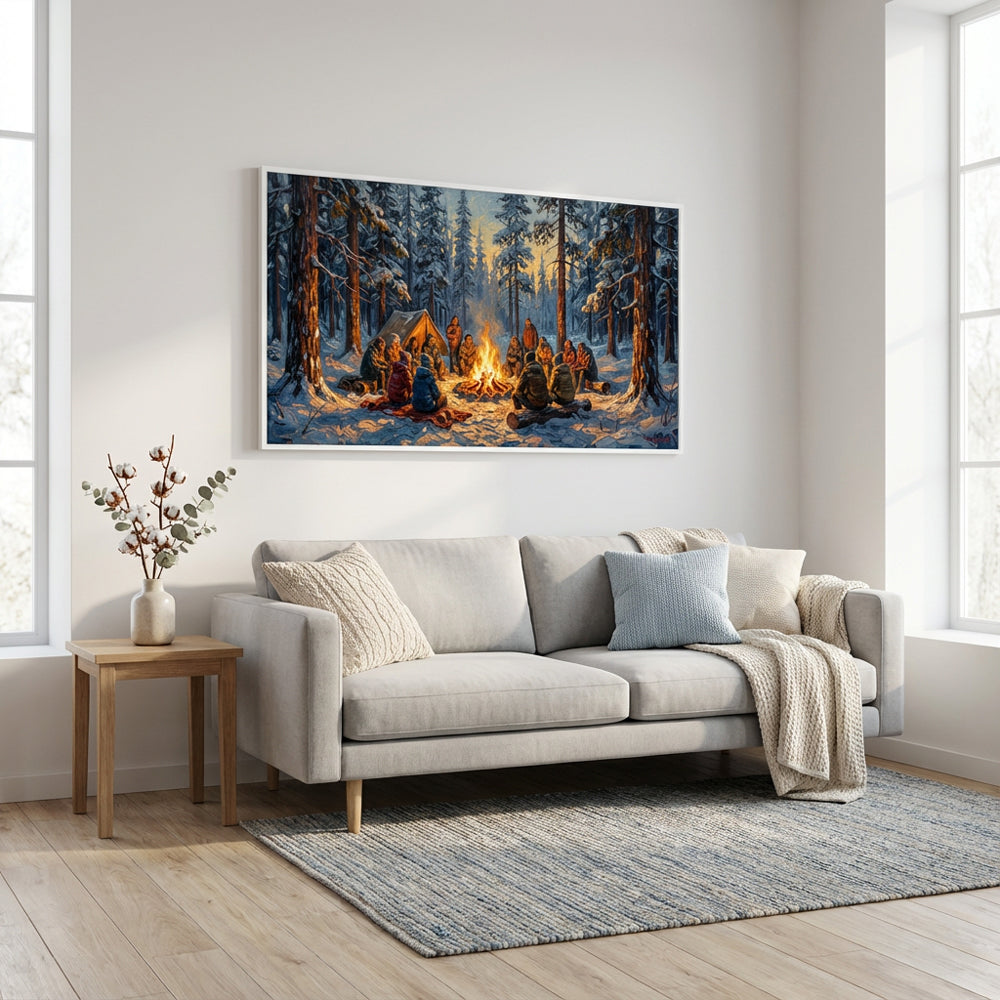 Winter Gathering by the Flame – Impressionist Campfire Community Oil-Style Artwork Handcrafted Painting