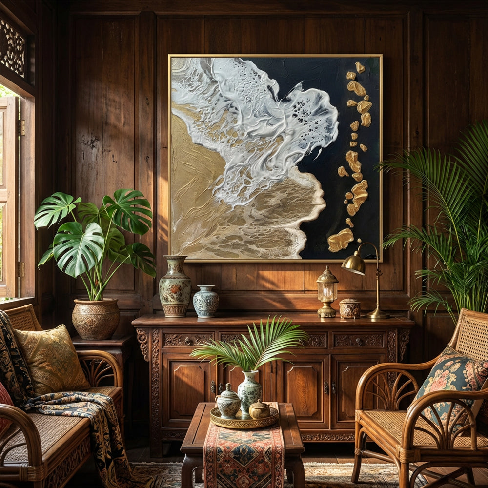 Gold, Black & White Tones – Sea Foam & Rock Elements  Handcrafted Painting