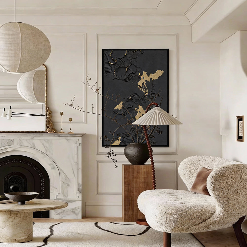 Handmade Abstract Wall Art – Black Textured Painting with Gold Accents-Portrait Orientation