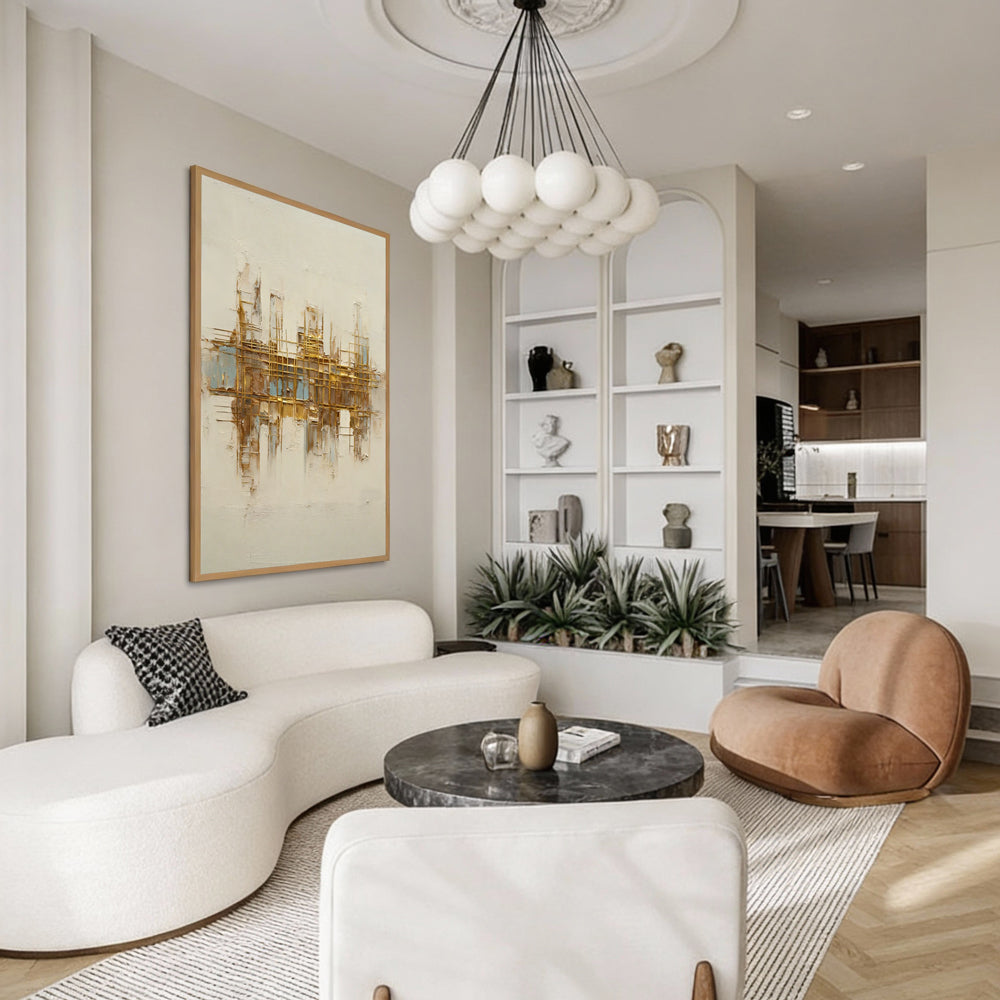 Golden Grid Structure Theme Painting – Modern Abstract Style Handmade Texture Wall Art-Portrait Orientation