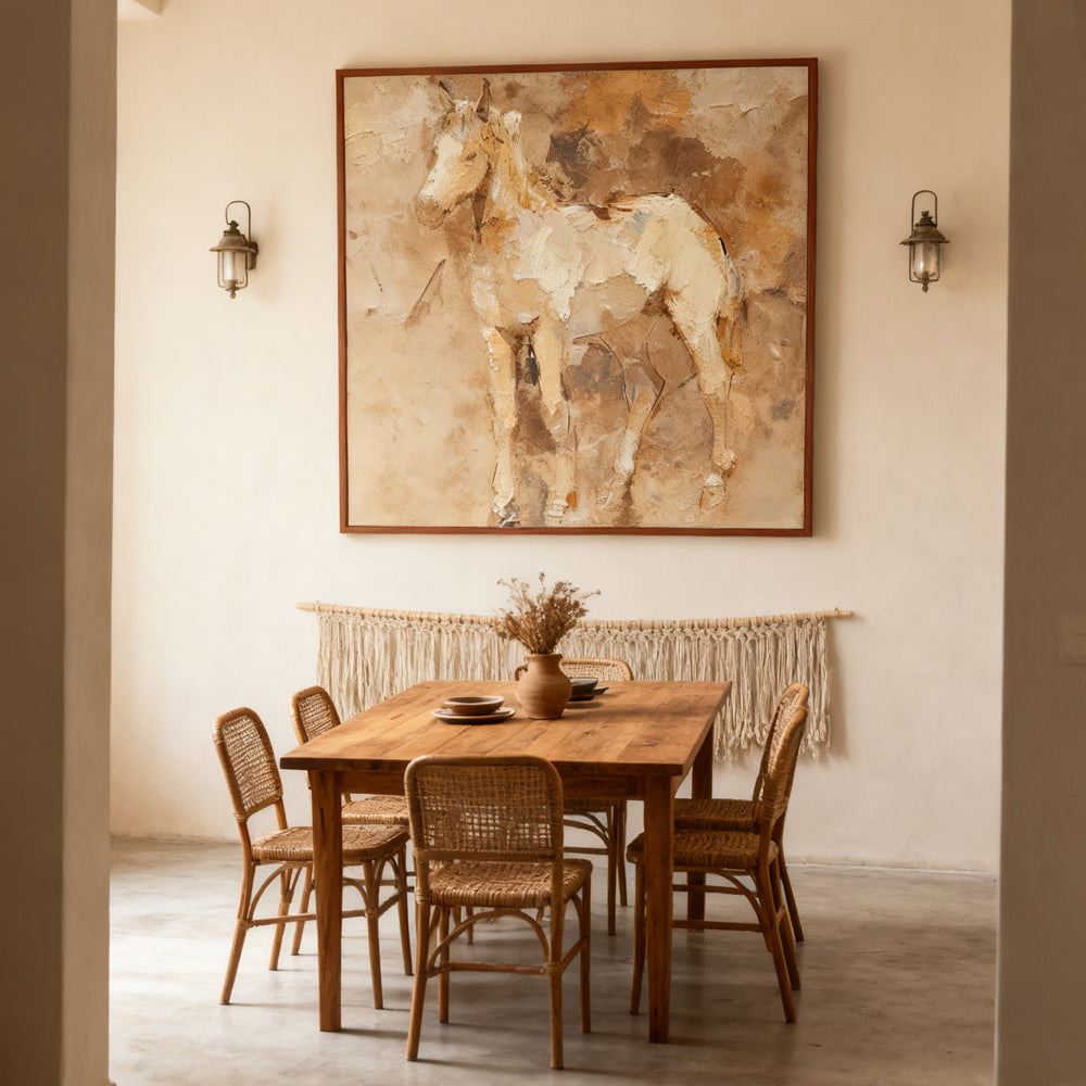 Horse Portrait Art Panel – Impasto Texture Painting – Neutral Beige Tones – Equine Figurative Wall Art