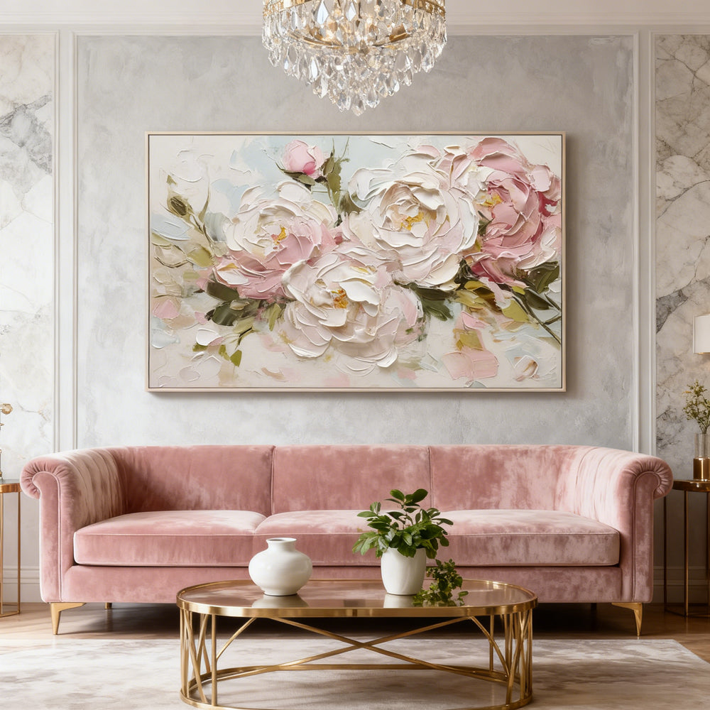 Peony Floral Palette Knife Painting, Handcrafted Oil Painting, Elegant Wall Art
