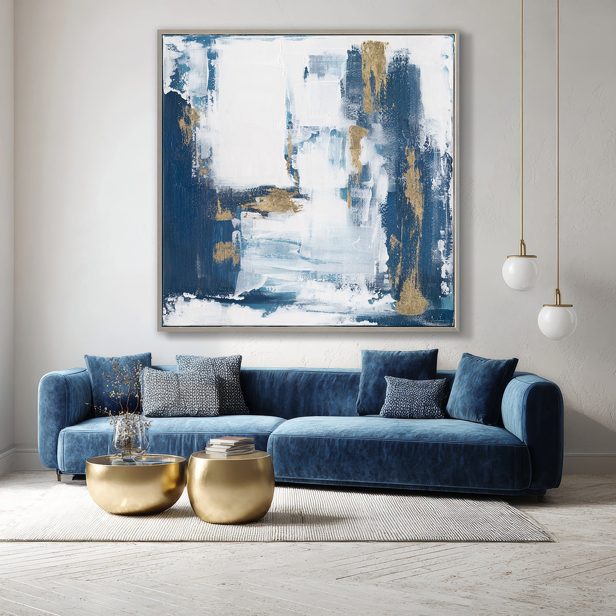Abstract layers of white, blue, and gold bring power and timeless refinement.