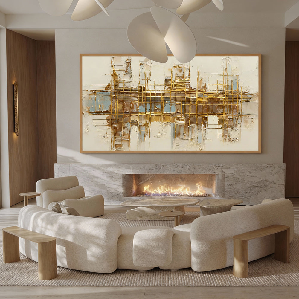 Golden Grid Structure Theme Painting – Modern Abstract Style Handmade Texture Wall Art-Landscape Orientation