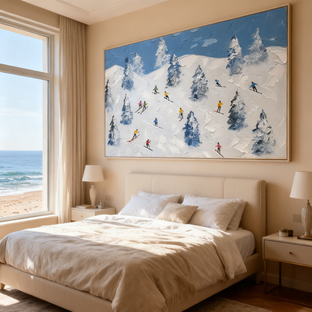 Winter Ski Adventure – Modern Impasto Style Handmade Oil Painting Wall Art