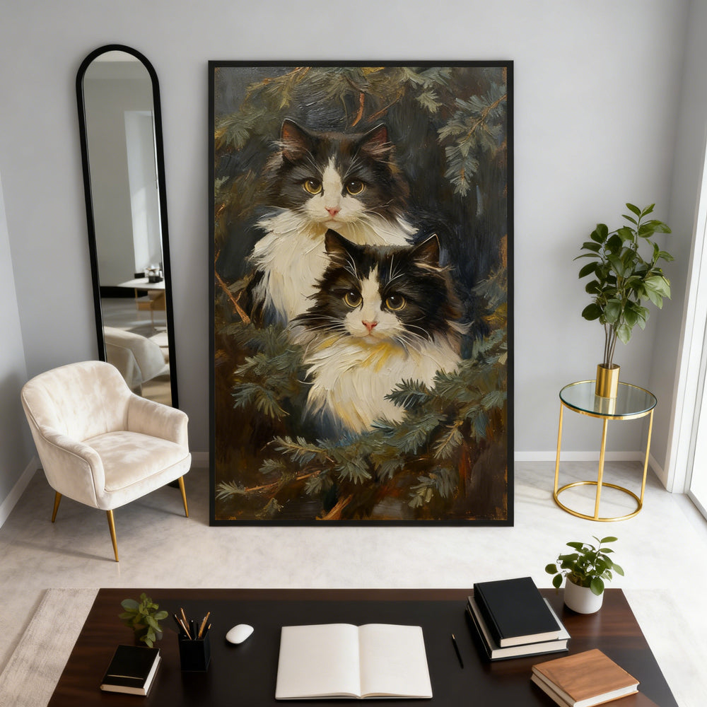Two Cats in Forest – Realistic Oil Painting – Animal Wall Art