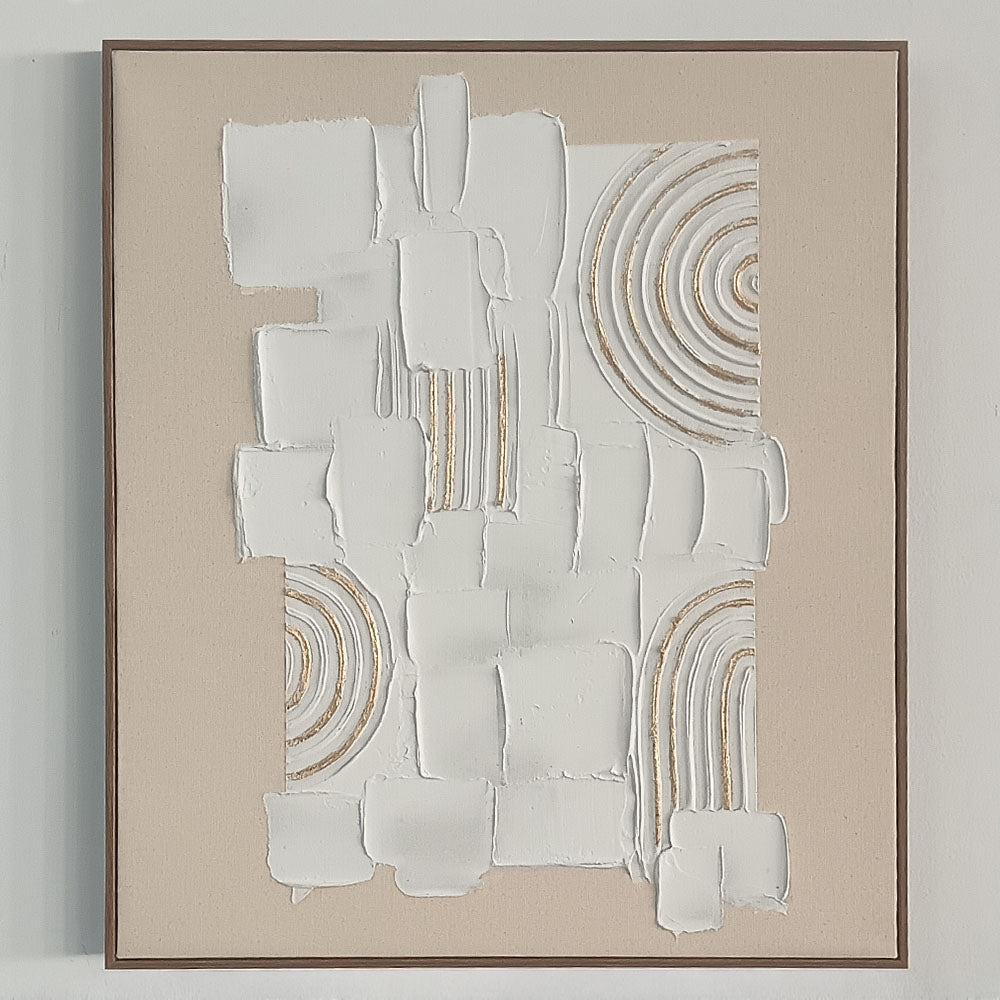Original hand-painted texture art, merging plaster blocks with golden arcs, minimalist yet full of artistic tension.