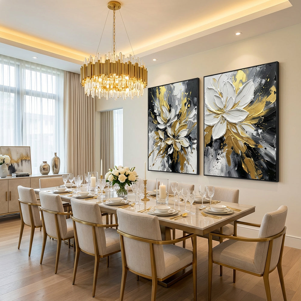 Golden Bloom Harmony | Abstract Floral Style Hand-Painted Oil Painting Wall Art (set of 2)