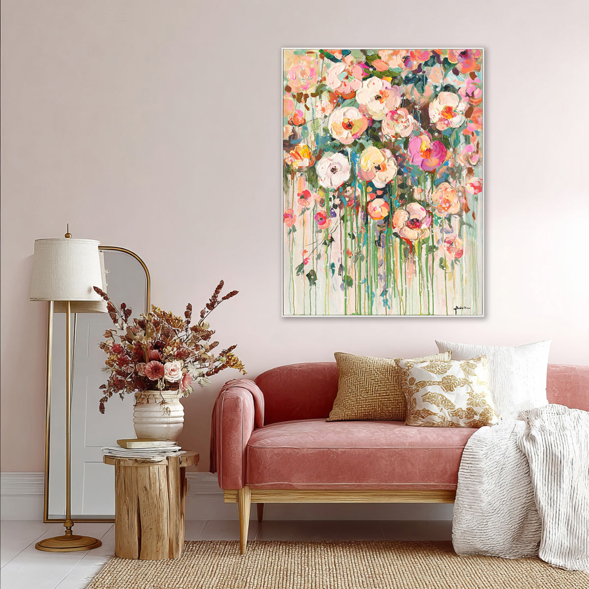 Handmade Abstract Floral Painting Colorful Blooming Garden on Canvas