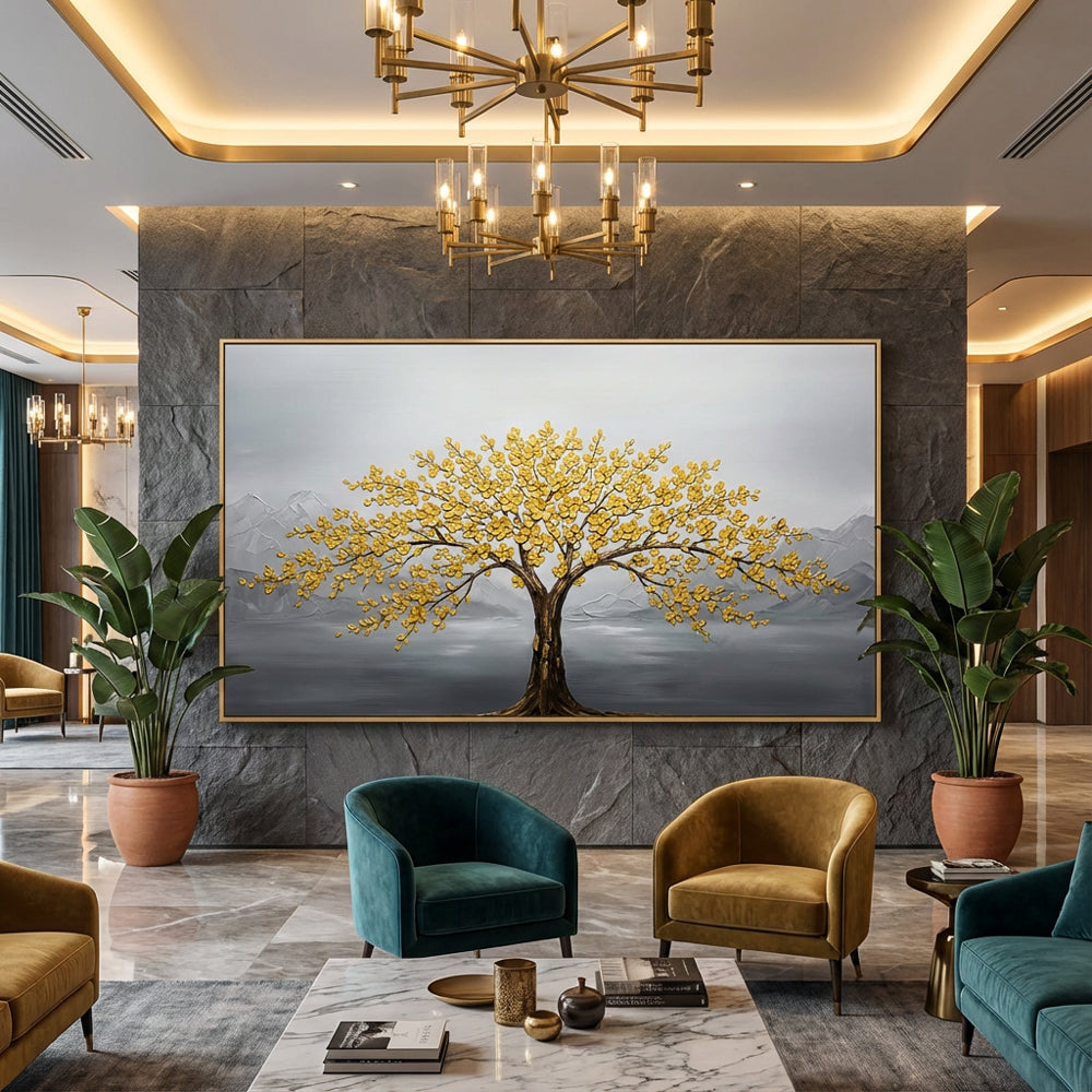 Golden Blossom Tree Painting – Modern Textured Art Style  Handcrafted  wall art