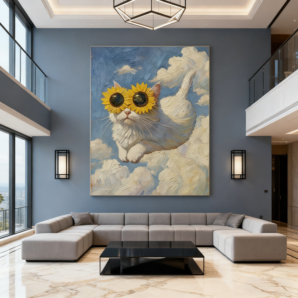 Sunflower Shades Cat – Surreal Fantasy Style Hand-Painted Oil Painting Wall Art