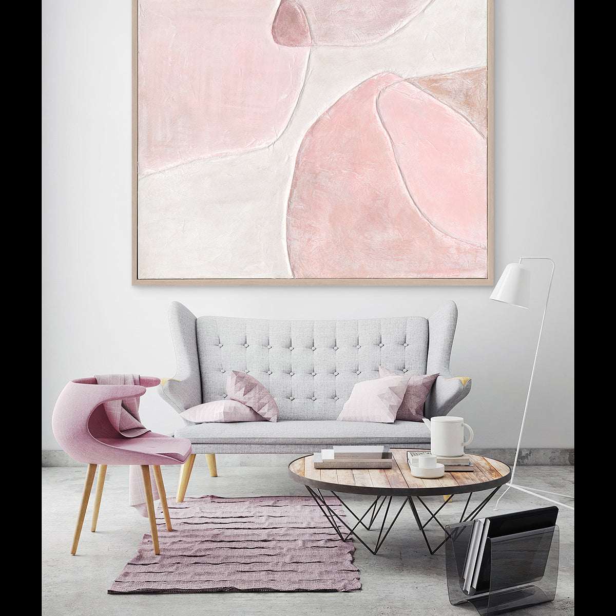 Abstract curves in gentle blush tones create harmony, romance, and timeless sophistication at home
