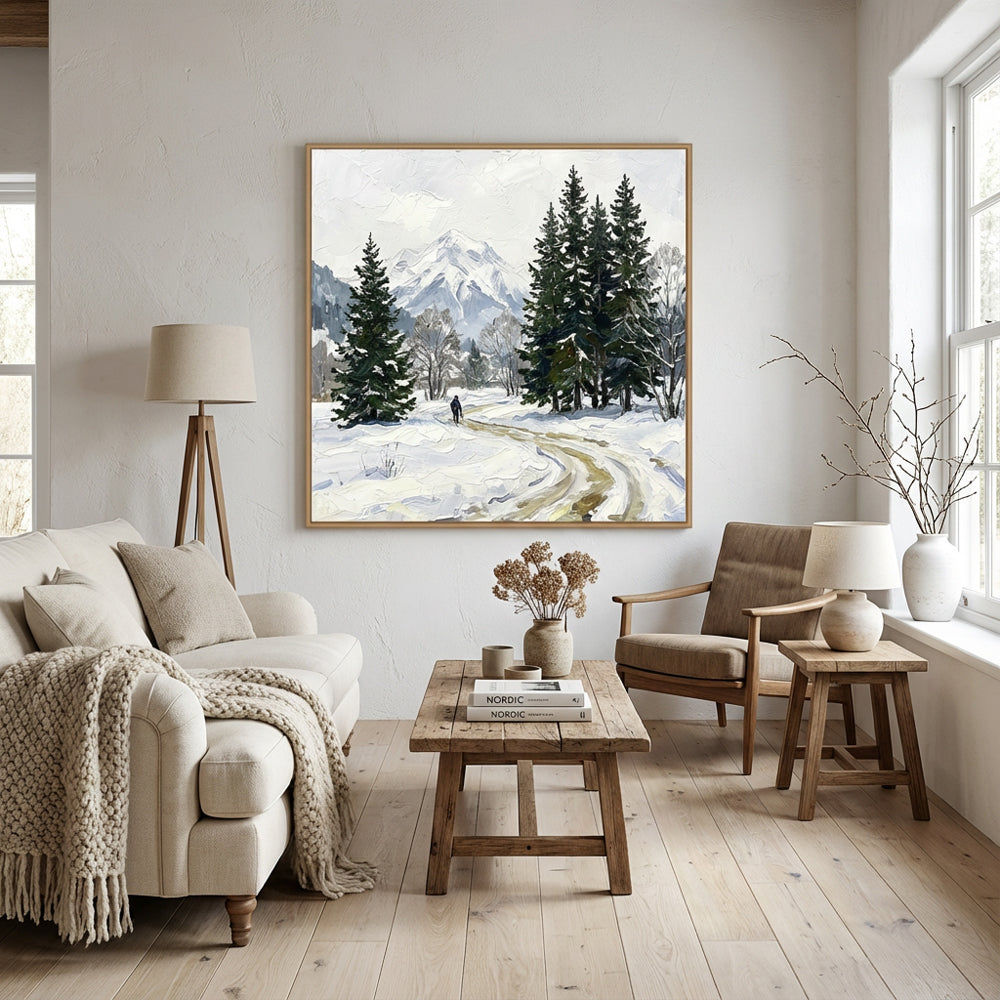 Winter Path Reflections – Impressionist Snowy Forest Landscape Oil-Style Artwork Handcrafted Painting