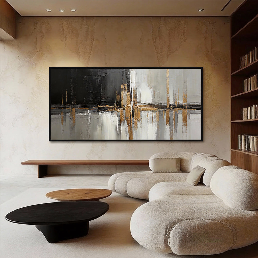 Handcrafted Elegance Golden Glow and Ink Shadow Harmony Painting-Landscape Orientation