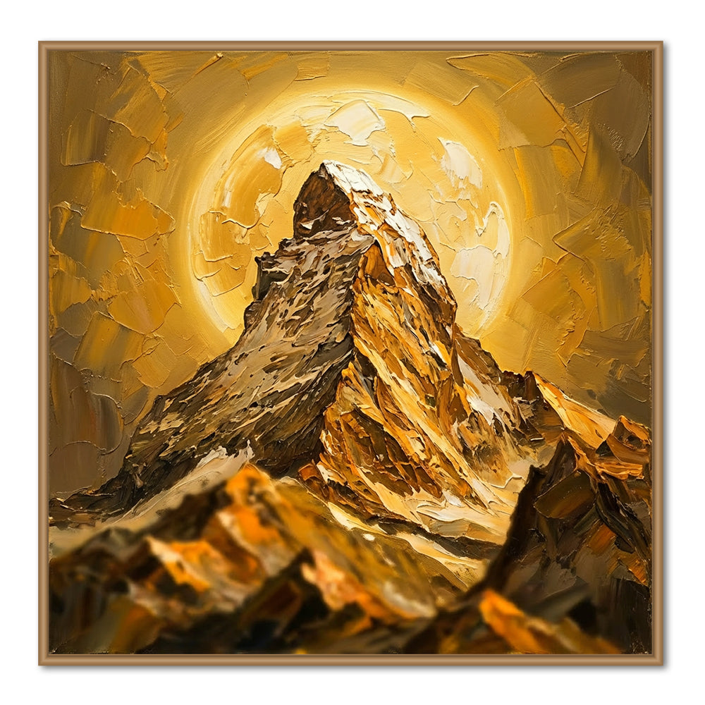 Golden Radiant Summit – Impressionist Textured Mountain Oil-Style Artwork Handcrafted Painting