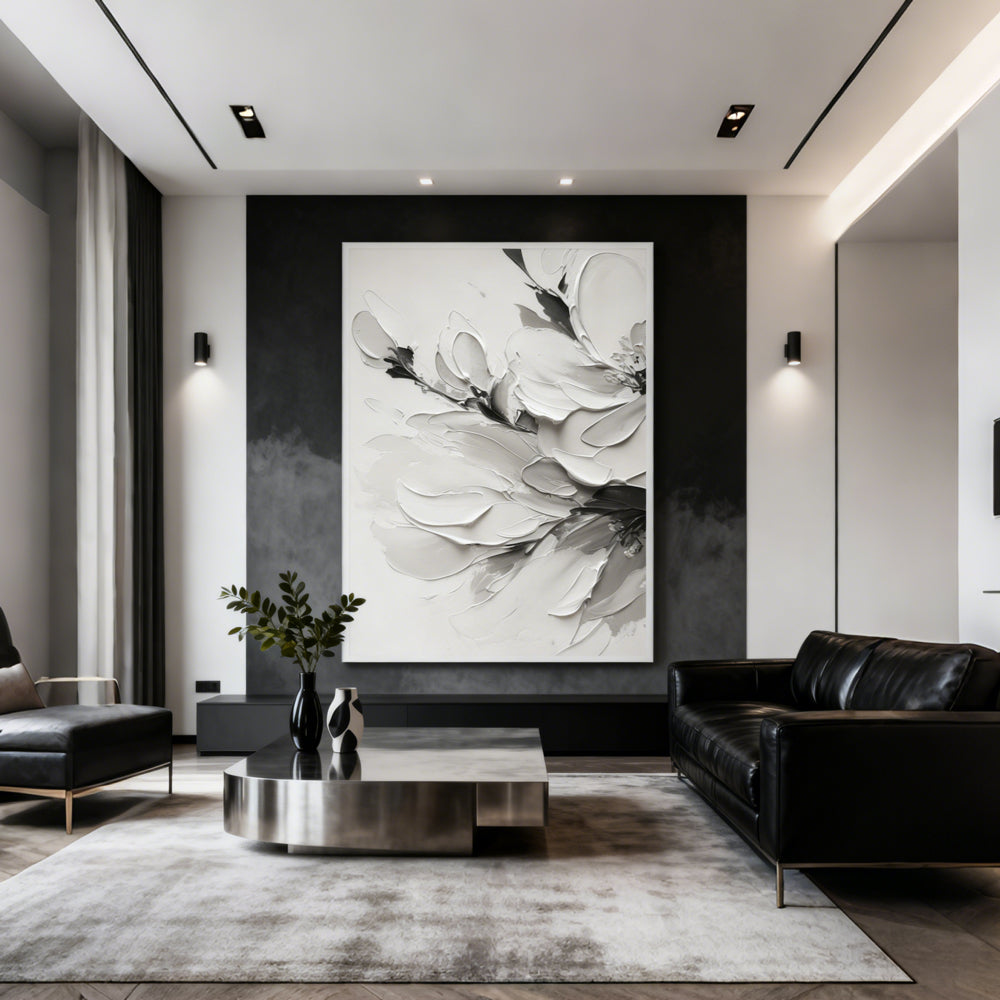 Monochrome Blossom Texture Art – Minimalist Impressionistic Floral Style Handmade Oil Painting Wall Art