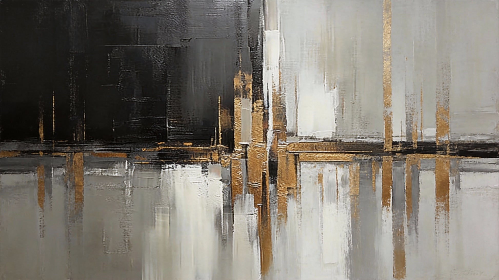 Handcrafted Elegance Golden Glow and Ink Shadow Harmony Painting-Landscape Orientation