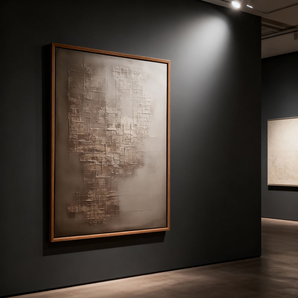 Golden Strata – Geometric Abstract Texture Painting in Metallic Gray Tones, Minimalist Structure Elements