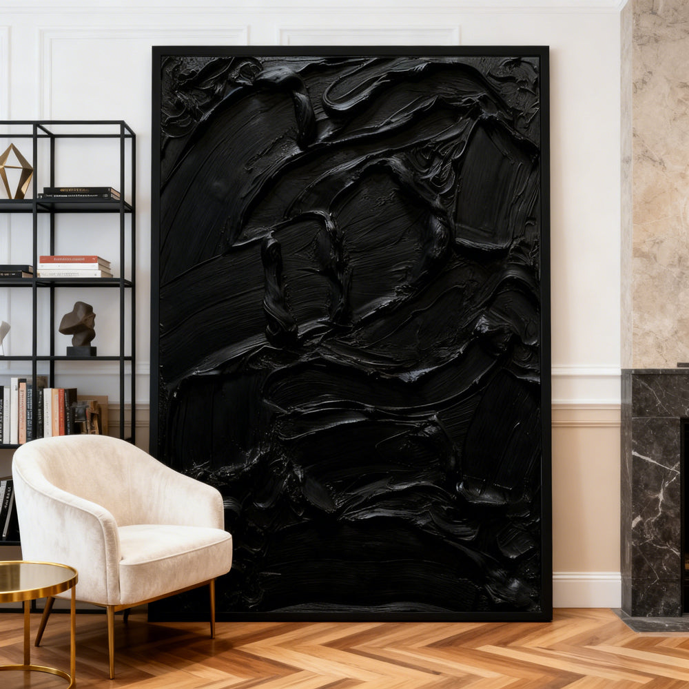 Abstract Black Oil Painting, Textured Art, Wall Décor