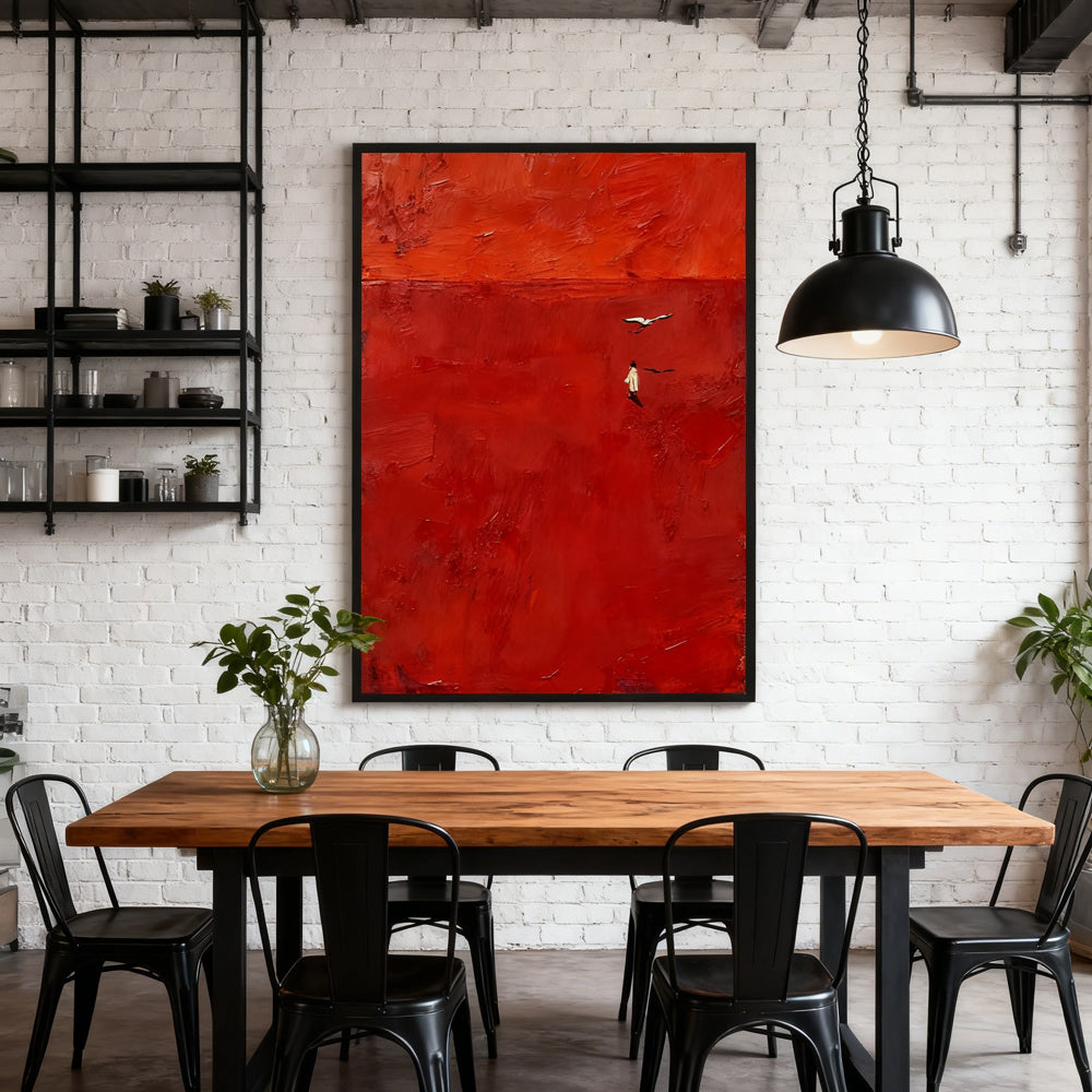 Red Horizon - Handcrafted Oil Painting, Abstract Landscape Wall Art