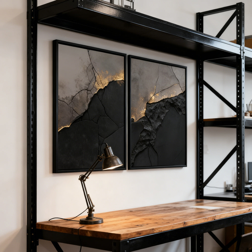 Cracked Stone & Gold Vein Theme Painting – Modern Abstract Style Handmade Texture Wall Art (Set of 2)