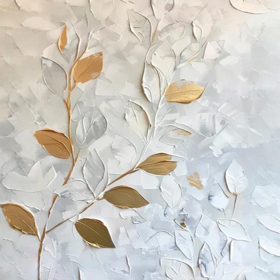 Still Veins– Hand-Painted Textured Floral Oil Painting Wall Art in White and Gold-square canvas