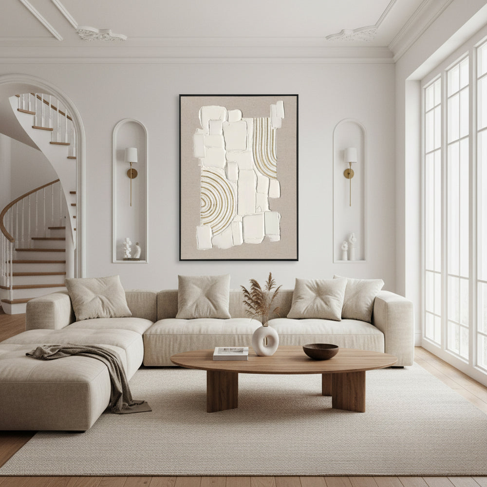 Original handmade texture art, crafted with plaster and golden lines, adding unique depth and serene modern Wabi-Sabi charm.