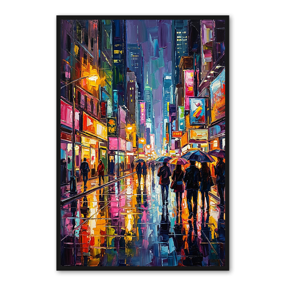City Lights After Rain — Modern Impressionist Hand-Painted Oil Painting Wall Art