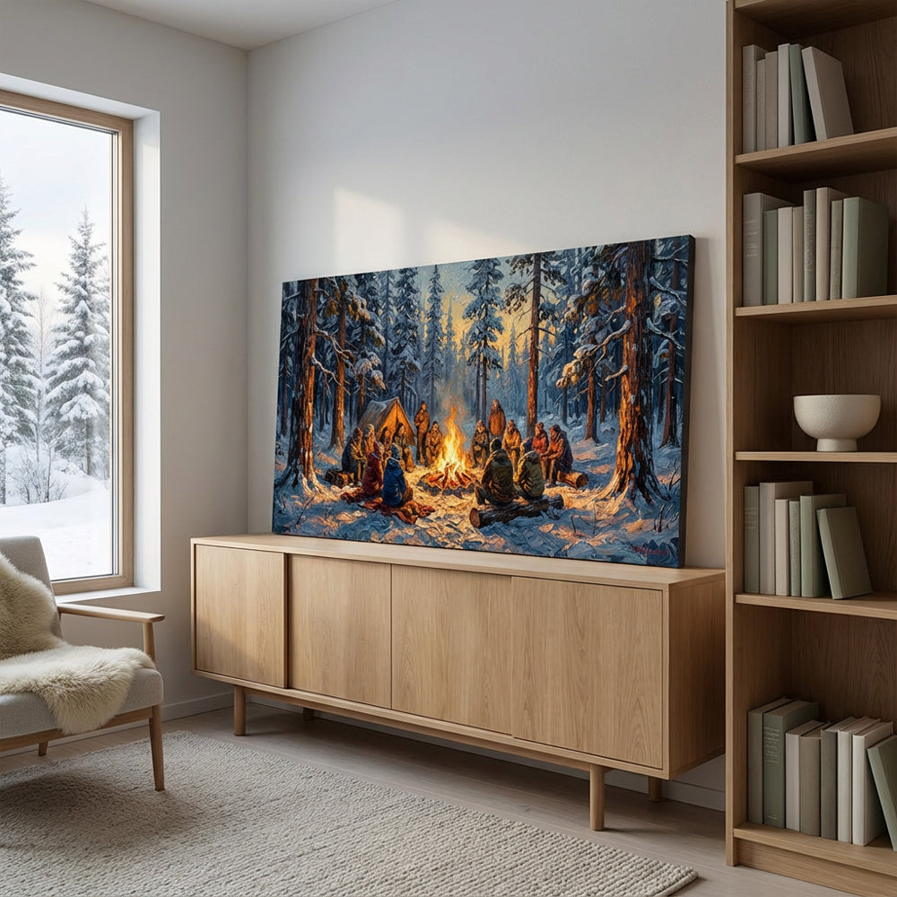 Winter Gathering by the Flame – Impressionist Campfire Community Oil-Style Artwork Handcrafted Painting
