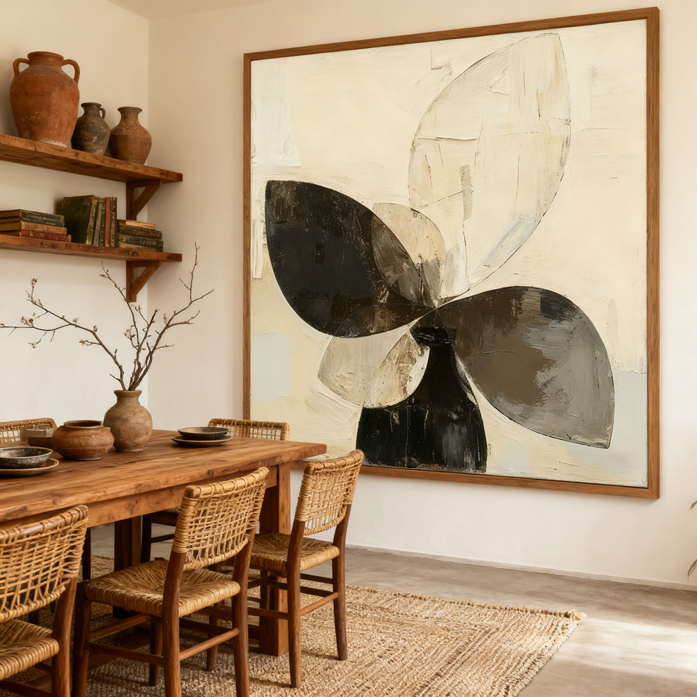 Abstract Petal Form in Vessel – Modern Minimalist Style Handmade Oil Painting Wall Art