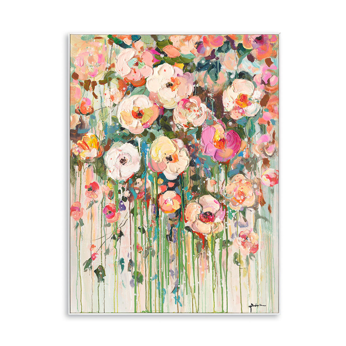 Handmade Abstract Floral Painting Colorful Blooming Garden on Canvas