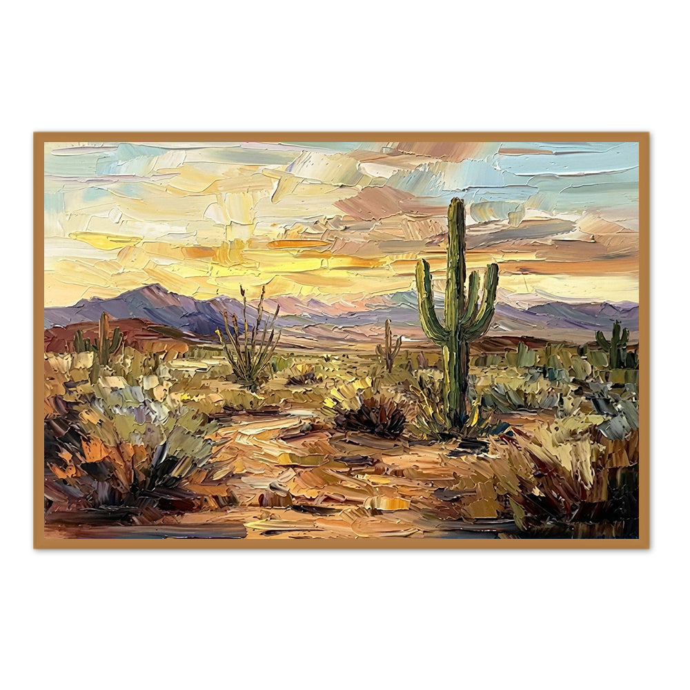 Desert Sunset texture Landscape Painting – Impressionist Style – Warm Earth Tones – Cactus & Mountain Elements