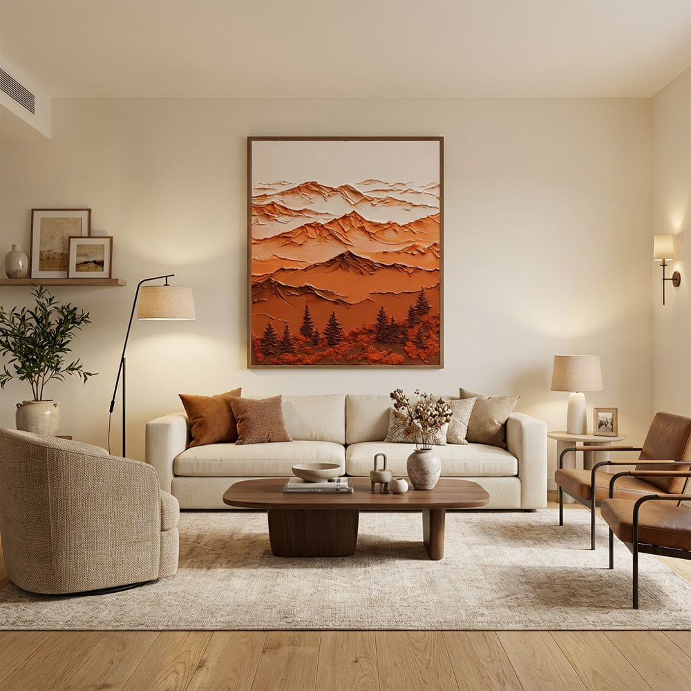 Majestic Mountain Serenity – Abstract Texture Landscape in Warm Earth Tones, Layered Peaks and Forest Elements