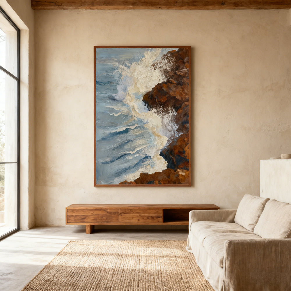 Waves Against the Cliffs Texture Art – Impressionistic Seascape Style Handmade Oil Painting Wall Art