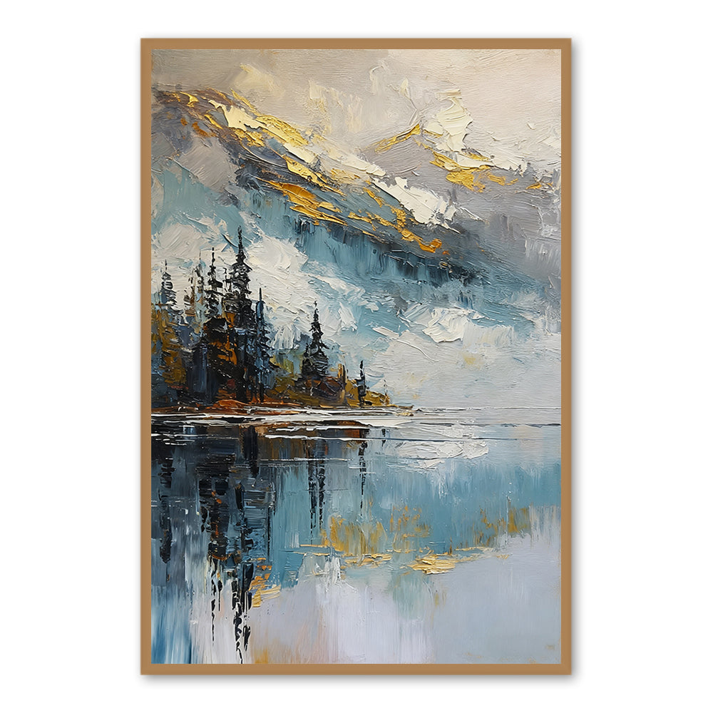 Golden Peak Lake Reflections – Impressionist Textured Hand-Painted Oil Wall Art