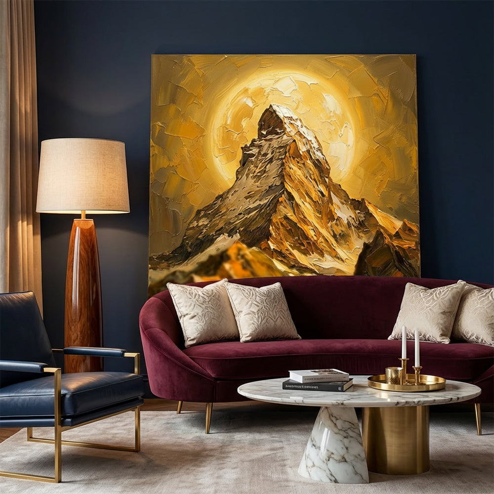Golden Radiant Summit – Impressionist Textured Mountain Oil-Style Artwork Handcrafted Painting