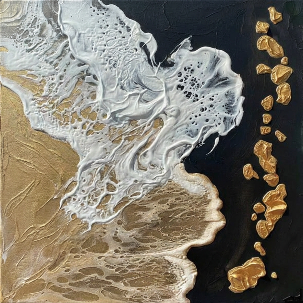 Gold, Black & White Tones – Sea Foam & Rock Elements  Handcrafted Painting