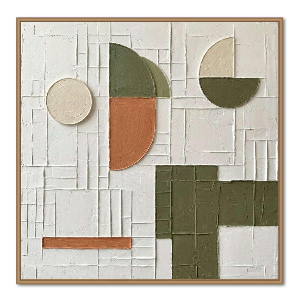Geometric Abstract Wall Art – Minimalist Textured Design paintings – White, Olive & Terracotta Palette – Shapes & Grid Elements