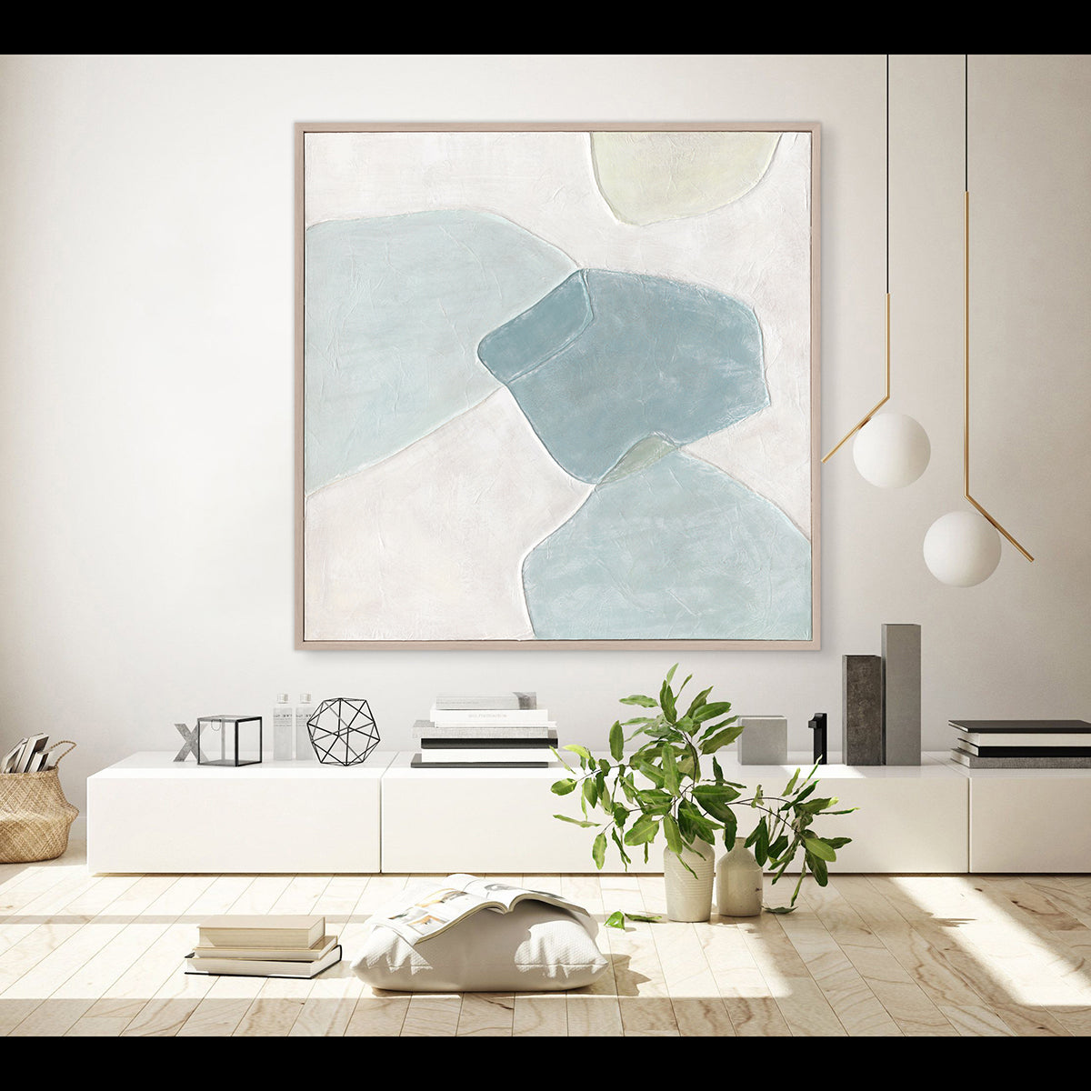 Soft aqua tones and abstract forms bring calm, balance, and timeless sophistication