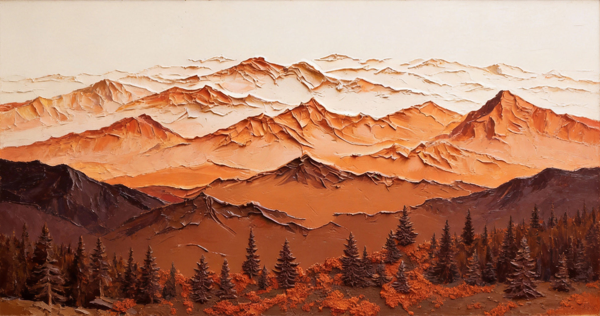Majestic Mountain Serenity – Abstract Texture Landscape in Warm Earth Tones, Layered Peaks and Forest Elements-Landscape Orientation