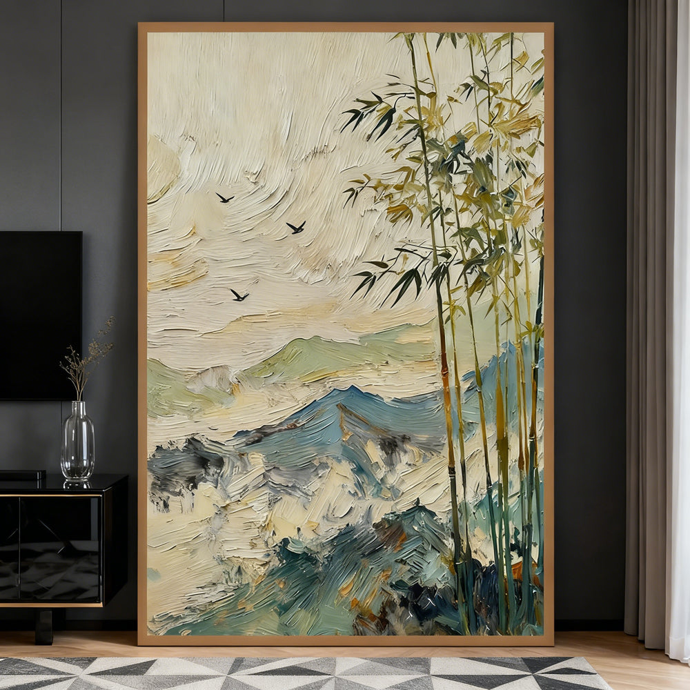 Bamboo Grove in Misty Mountains – Abstract Landscape Oil Painting