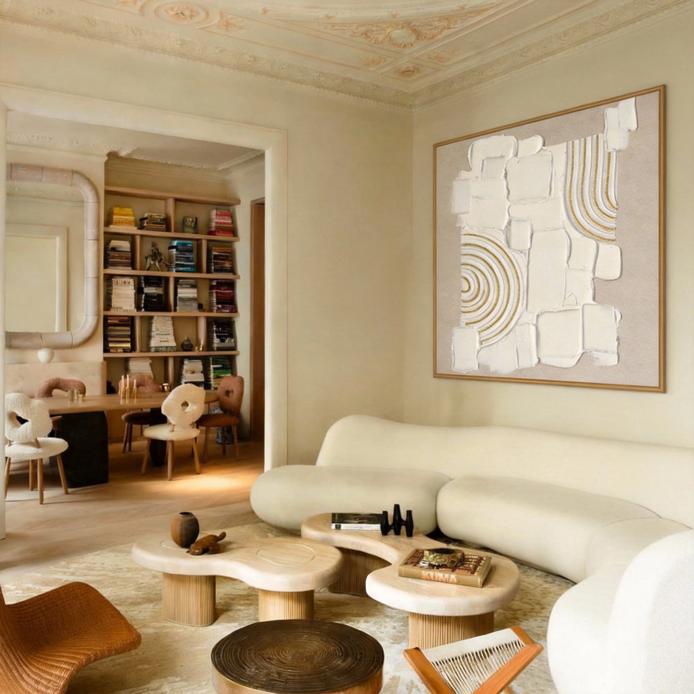 Original handmade texture art, crafted with plaster and golden lines, adding unique depth and serene modern Wabi-Sabi charm.-square canvas