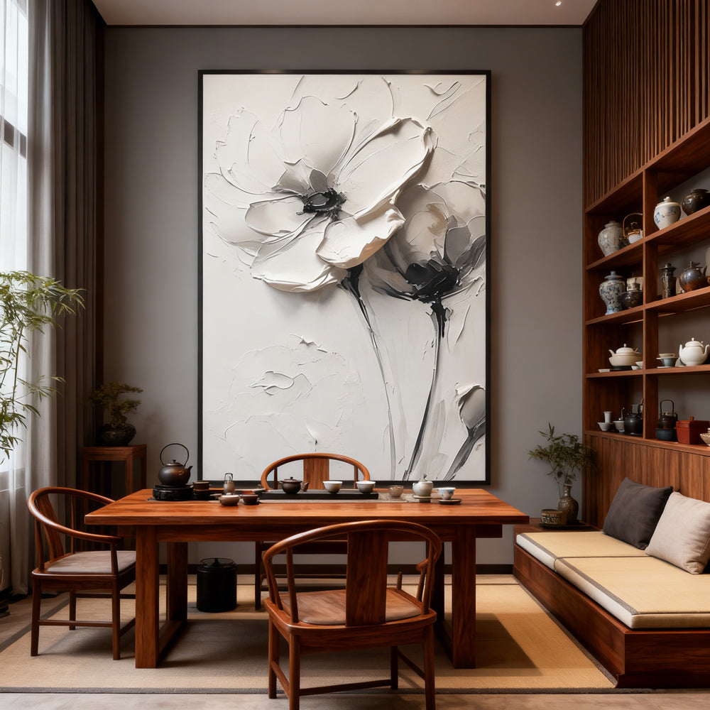 Monochrome Petal Duo Texture Art – Minimalist Impressionistic Floral Style Handmade Oil Painting Wall Art