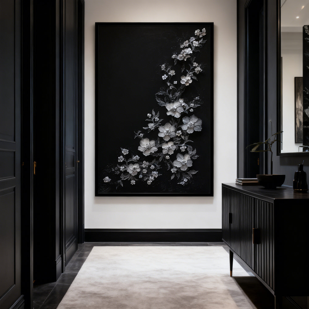 Silver Floral Cascade – Modern Minimal Relief Style Handmade Oil Painting Wall Art