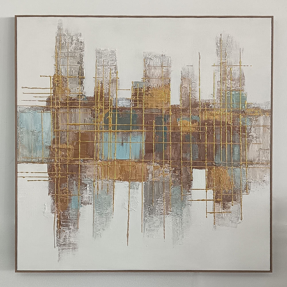 Golden Grid Structure Theme Painting – Modern Abstract Style Handmade Texture Wall Art