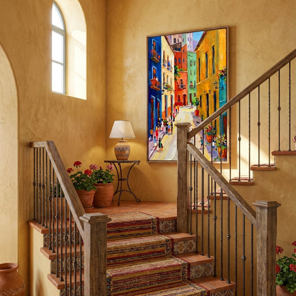 Colorful Street Scene Painting – Impressionist Palette Knife Style – Vibrant Multicolor Tones – Cityscape & Figures Wall Art